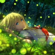 躺在草地荧光中的动漫女生头像